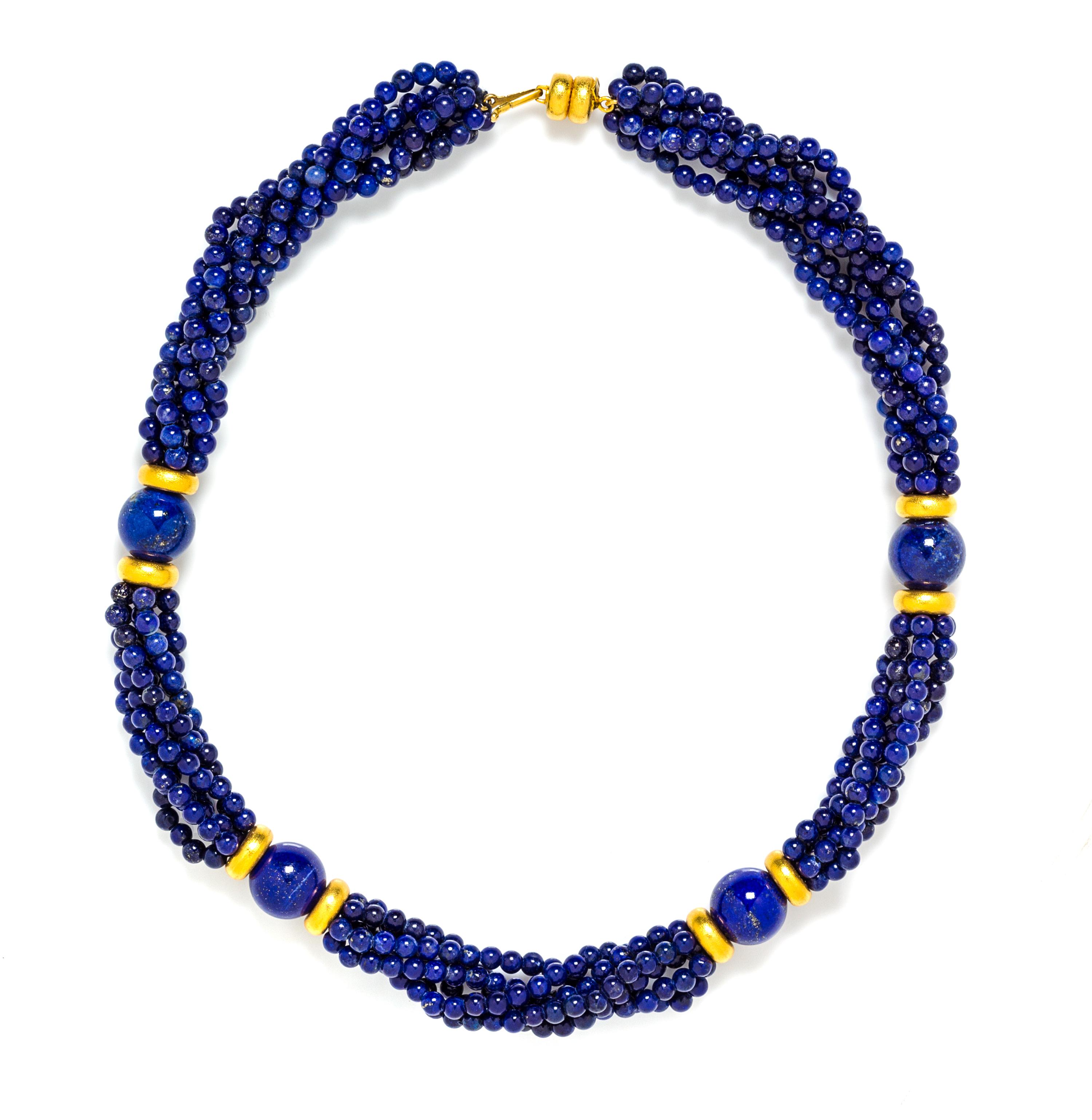 A High Karat Yellow Gold and Lapis Bead Necklace, Neptune, 48.84 dwts.