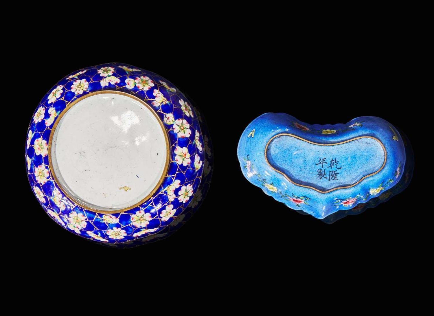 A Canton enamel sectioned dish and a water coupe, Qing to early Republic period 銅胎畫琺瑯小碟兩件 清至民國初