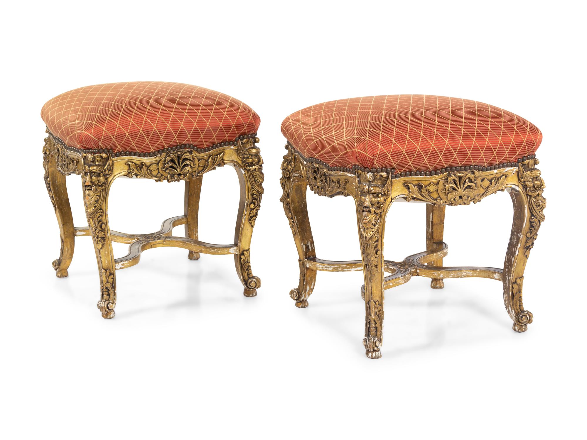A Pair of Louis XV Style Giltwood Tabourets