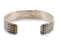 Heavily Stamped Silver Cuff Bracelet, set with a Slender Coral Sliver