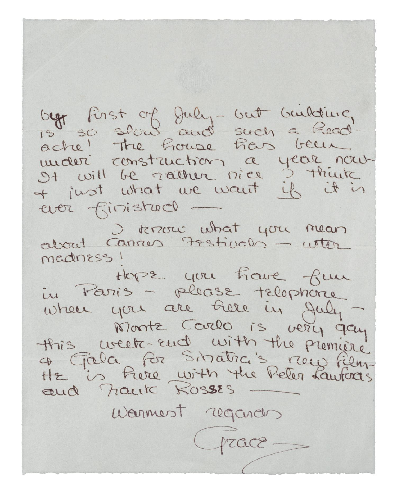 GRACE, Princesse de Monaco (1929-1982). Autographed letter signed ("Grace"), to Warner Brothers executive Richard Gully, Monaco, 1958.