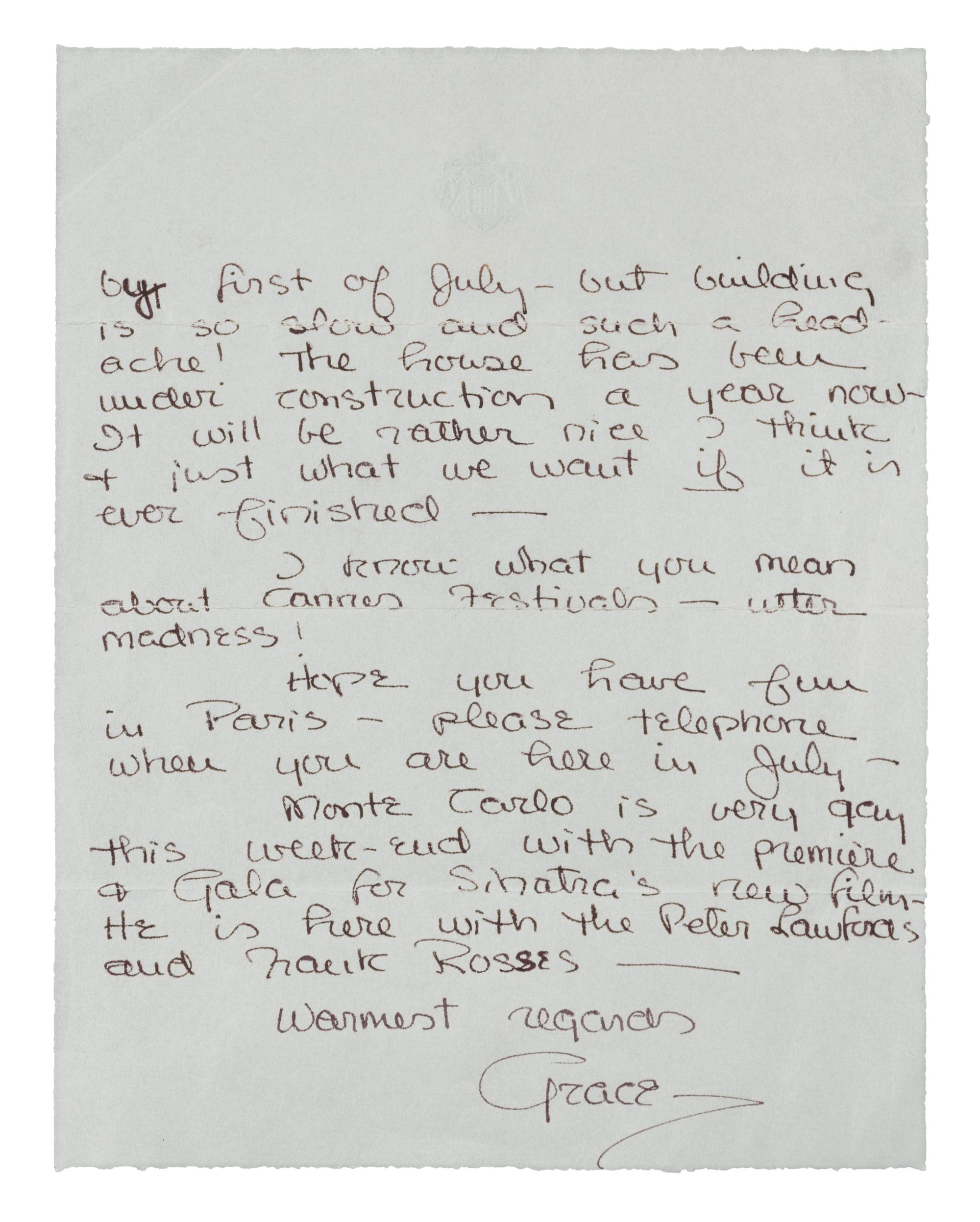 GRACE, Princesse de Monaco (1929-1982). Autographed letter signed ("Grace"), to Warner Brothers executive Richard Gully, Monaco, 1958.