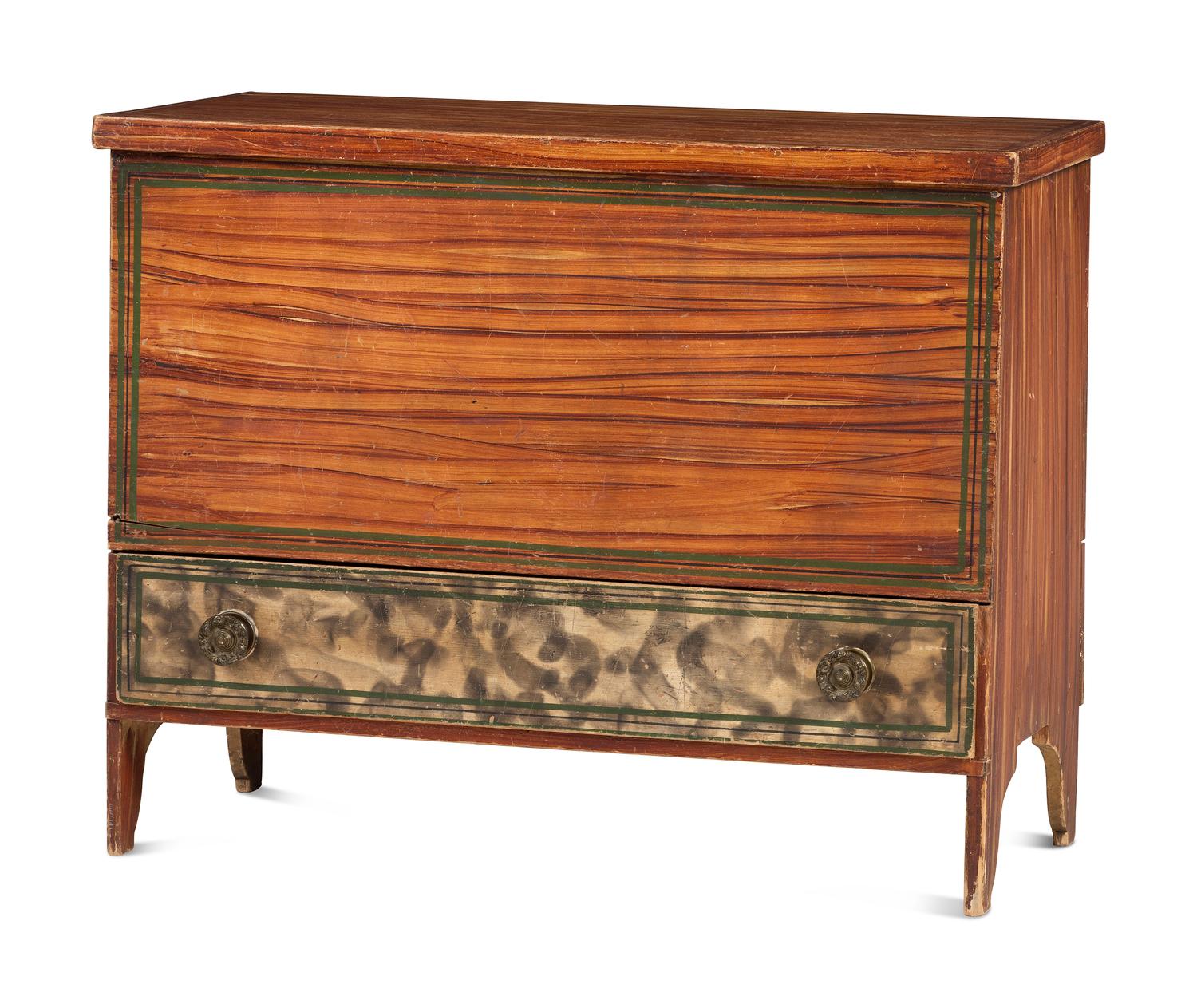 A Country Federal Grain Painted and Smoke-Decorated Maple One-Drawer Blanket Chest