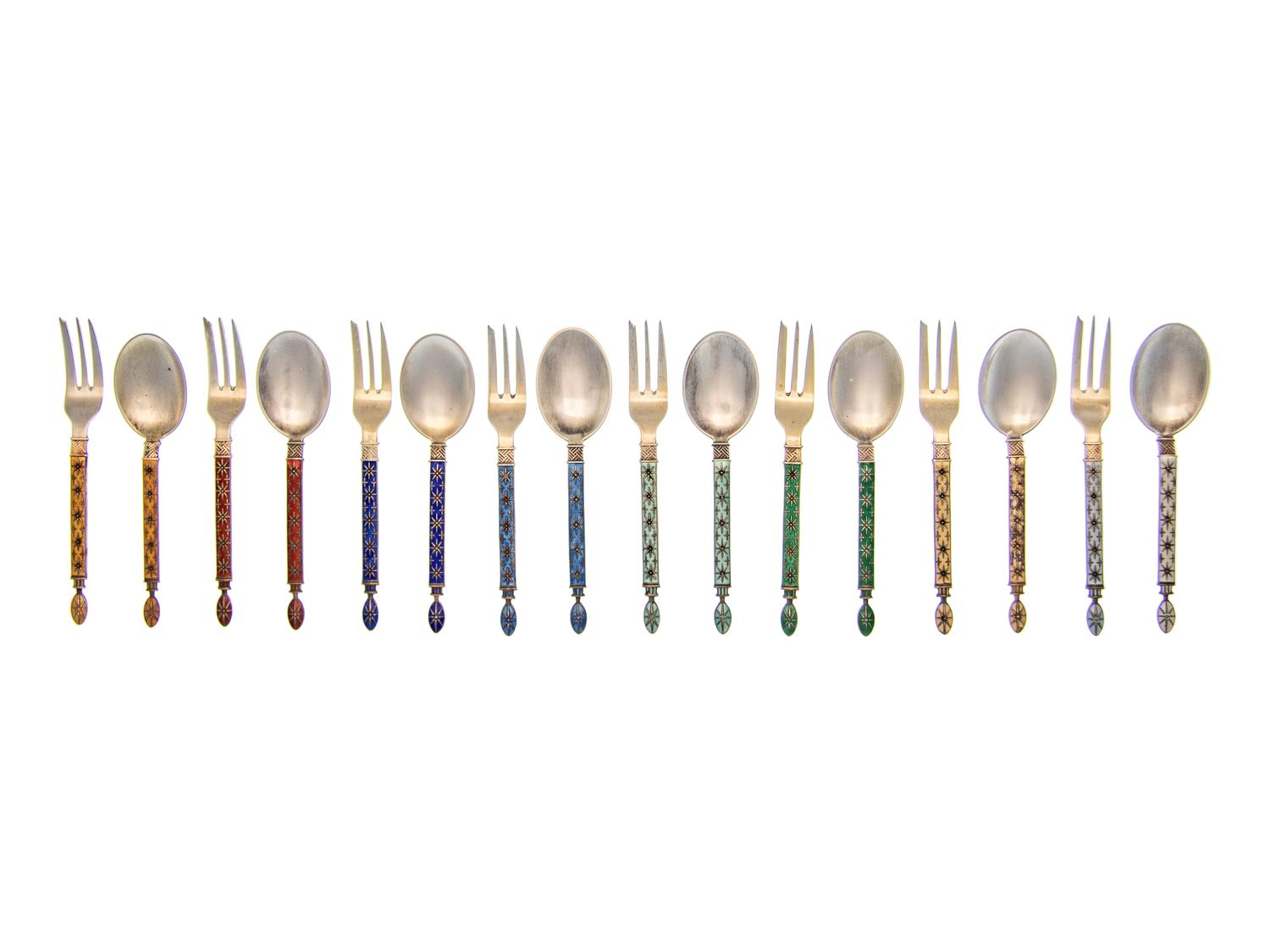 A Norwegian Enameled Silver Flatware Service