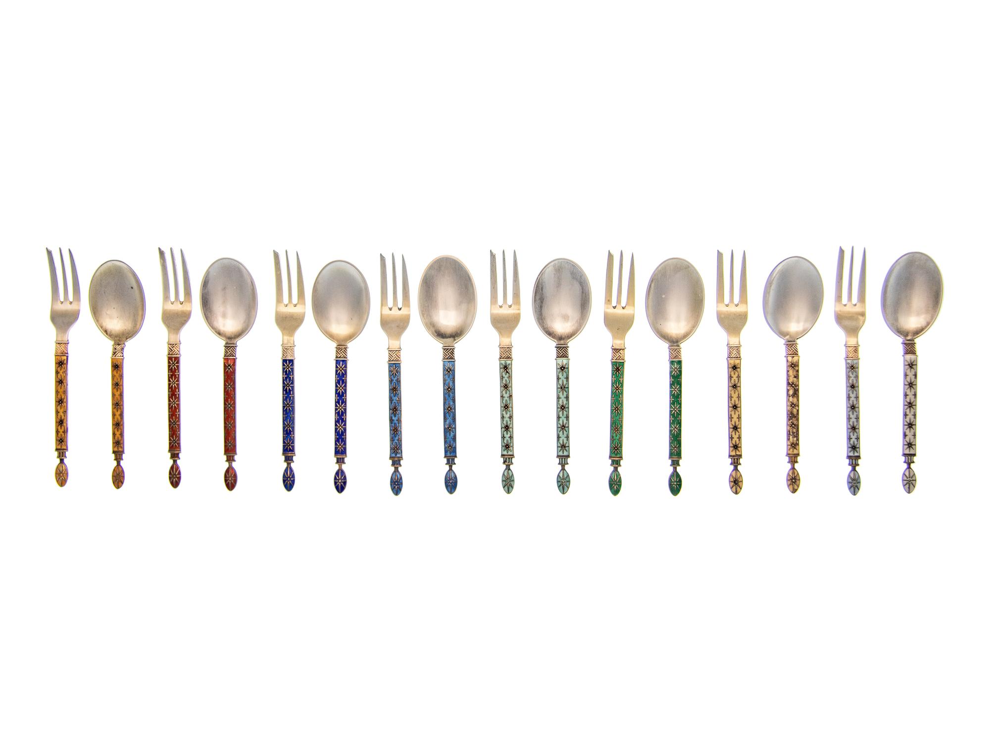 A Norwegian Enameled Silver Flatware Service