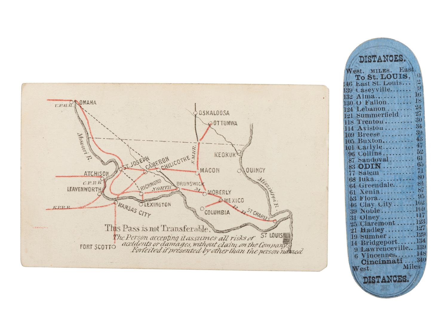 [RAILROAD]. 2 railroad passes for the North Missouri and Ohio & Mississippi Railroads.