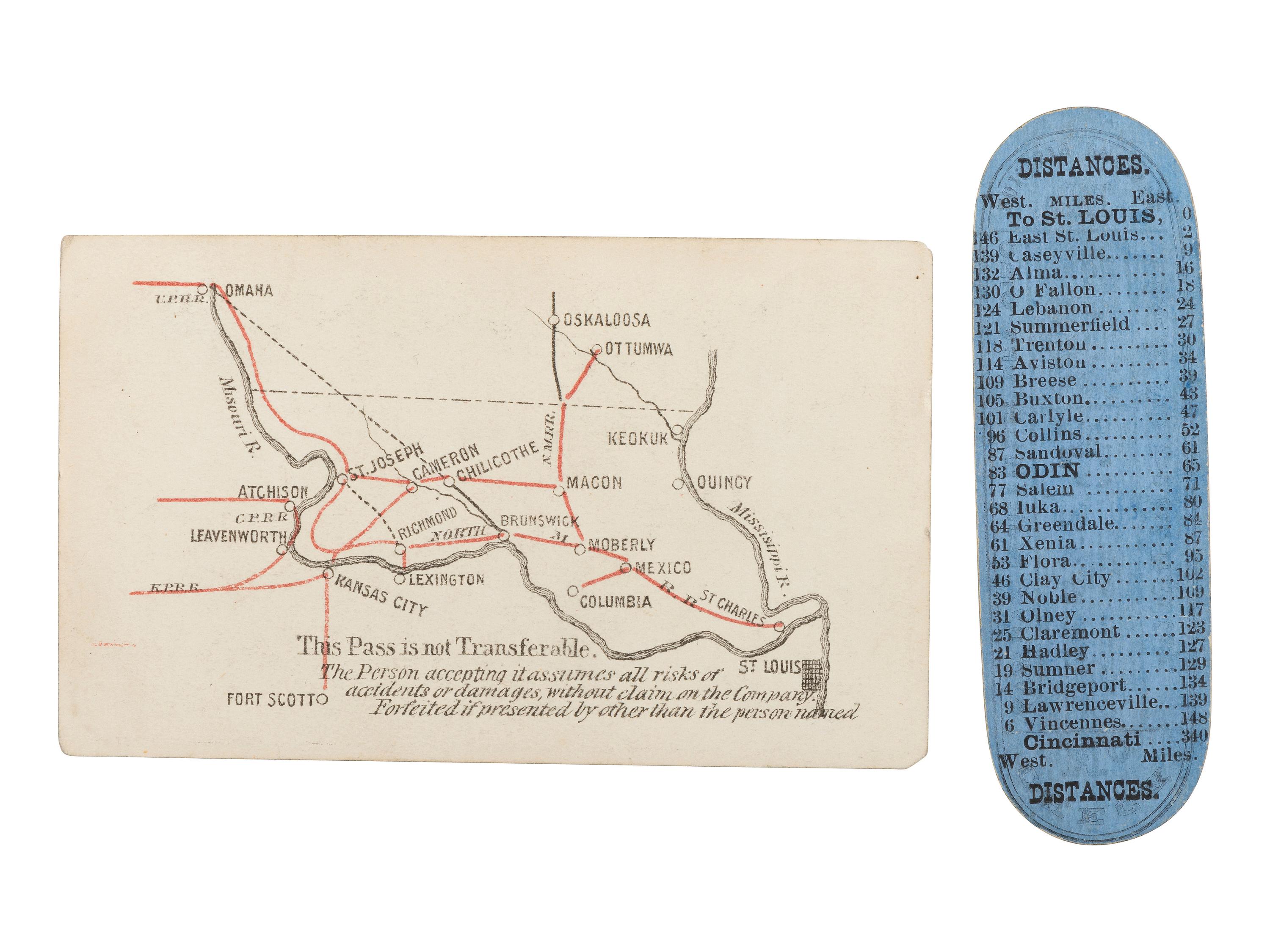 [RAILROAD]. 2 railroad passes for the North Missouri and Ohio & Mississippi Railroads.
