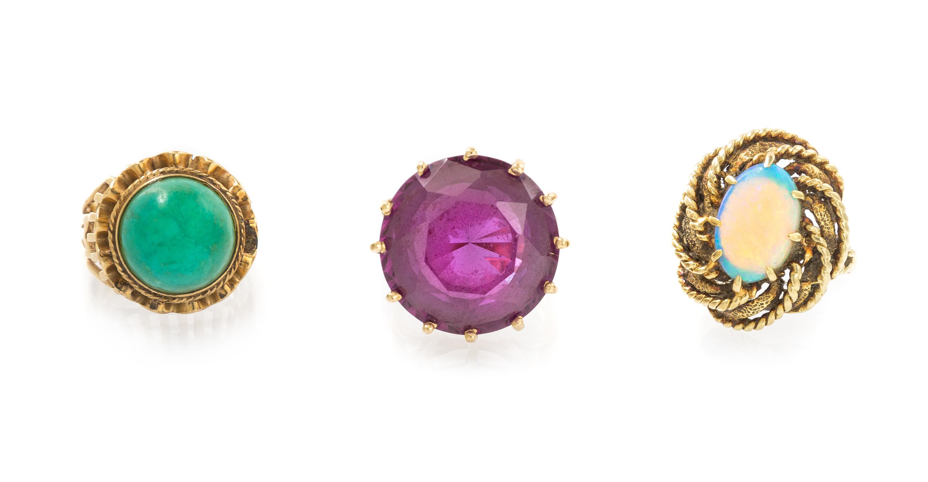 A Collection of Yellow Gold, Amethyst, Turquoise and Opal Jewelry, 19.90 dwts.