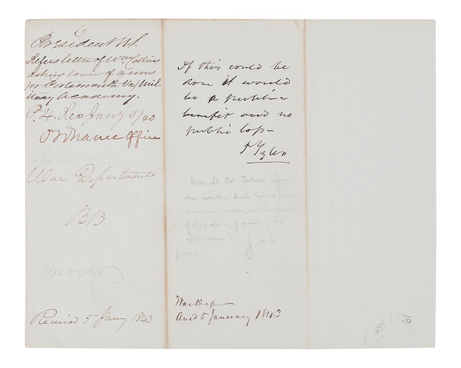 TYLER, John (1790-1862). Autograph endorsement signed as President (“J. Tyler”), 29 December 1842.