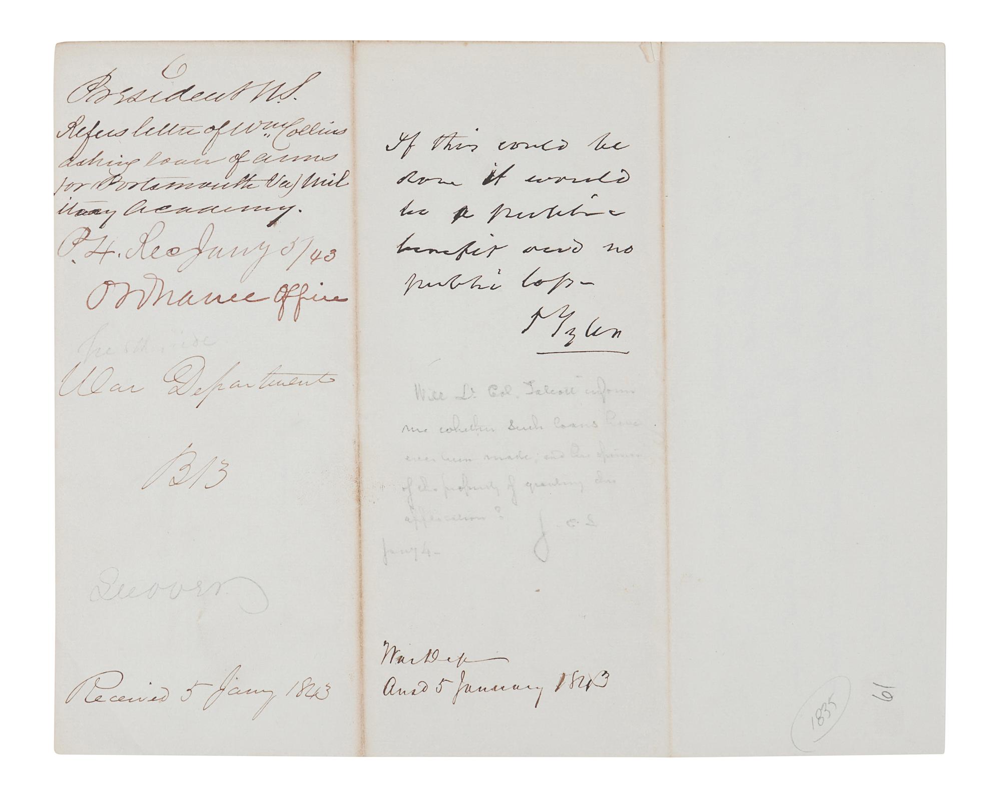 TYLER, John (1790-1862). Autograph endorsement signed as President (“J. Tyler”), 29 December 1842.