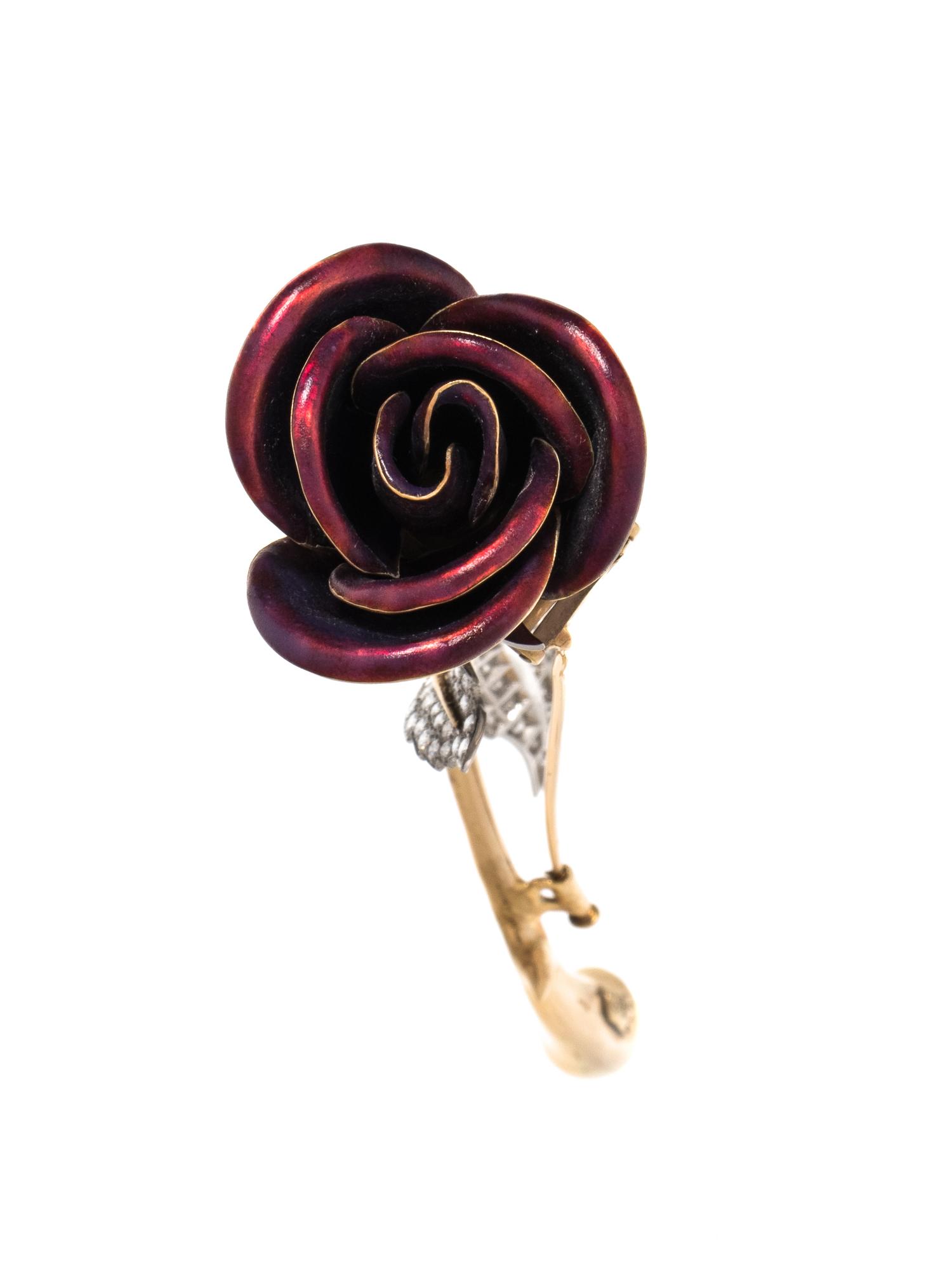 EVELYN CLOTHIER, ENAMEL AND DIAMOND ROSE BROOCH