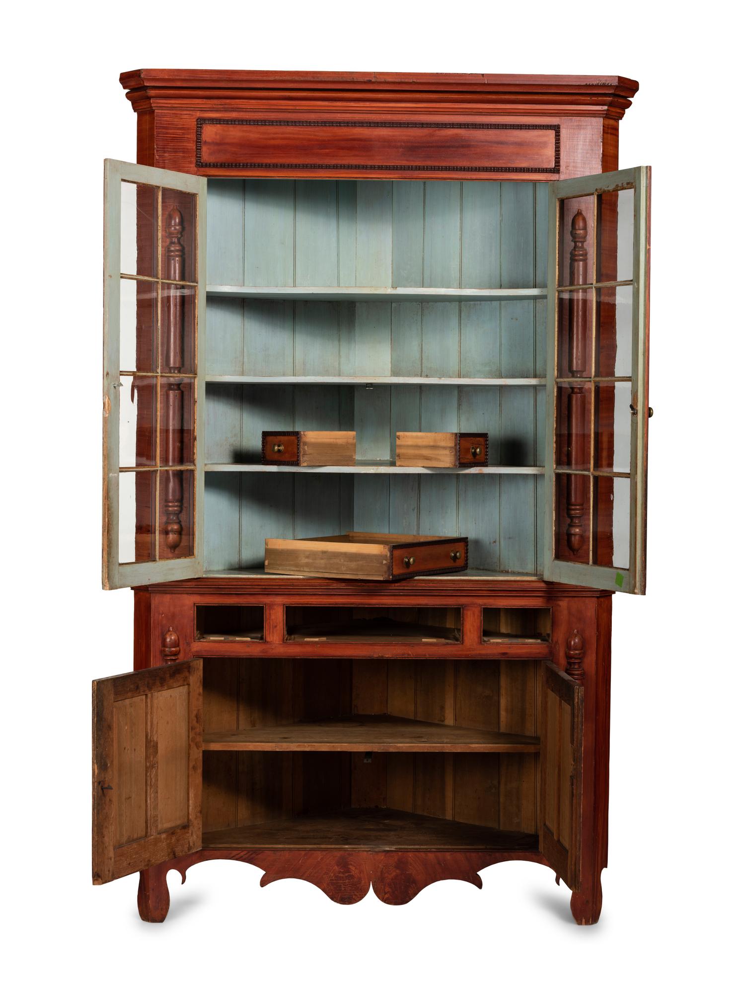 A Chippendale Grain Painted Pine and Poplar Corner Cupboard