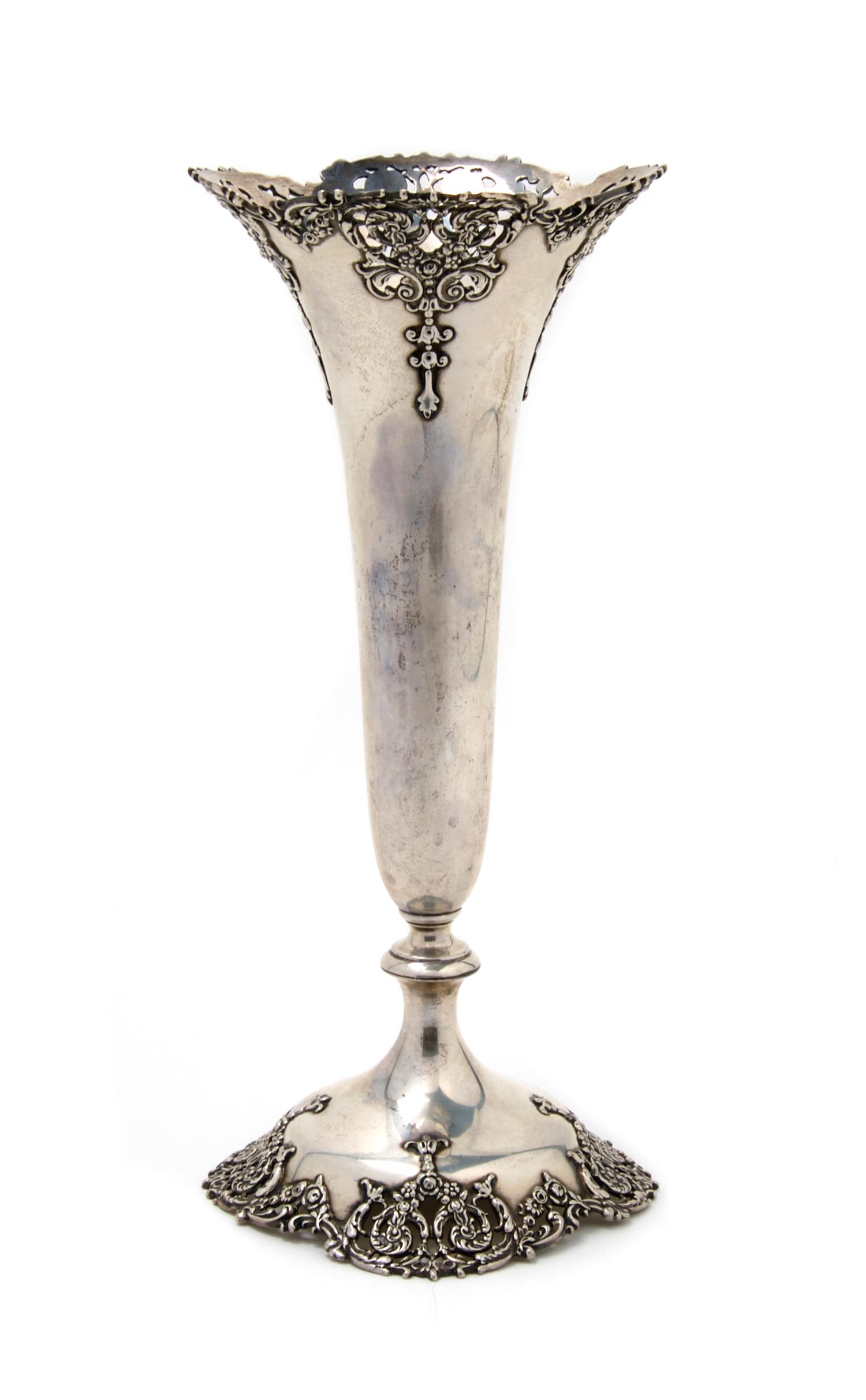 An American Sterling Silver Trumpet Vase, Black and Frost, Height 11 inches.