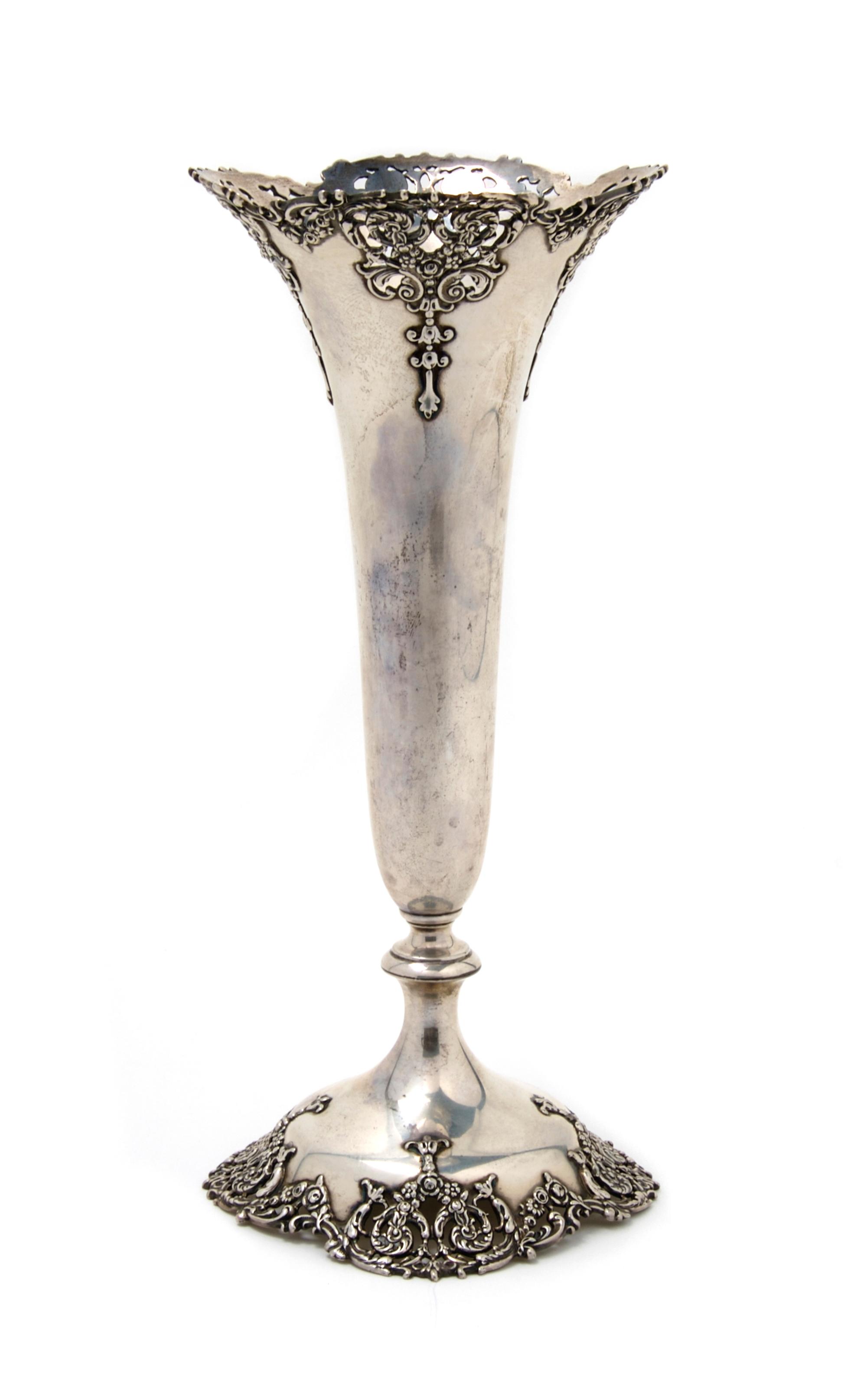 An American Sterling Silver Trumpet Vase, Black and Frost, Height 11 inches.