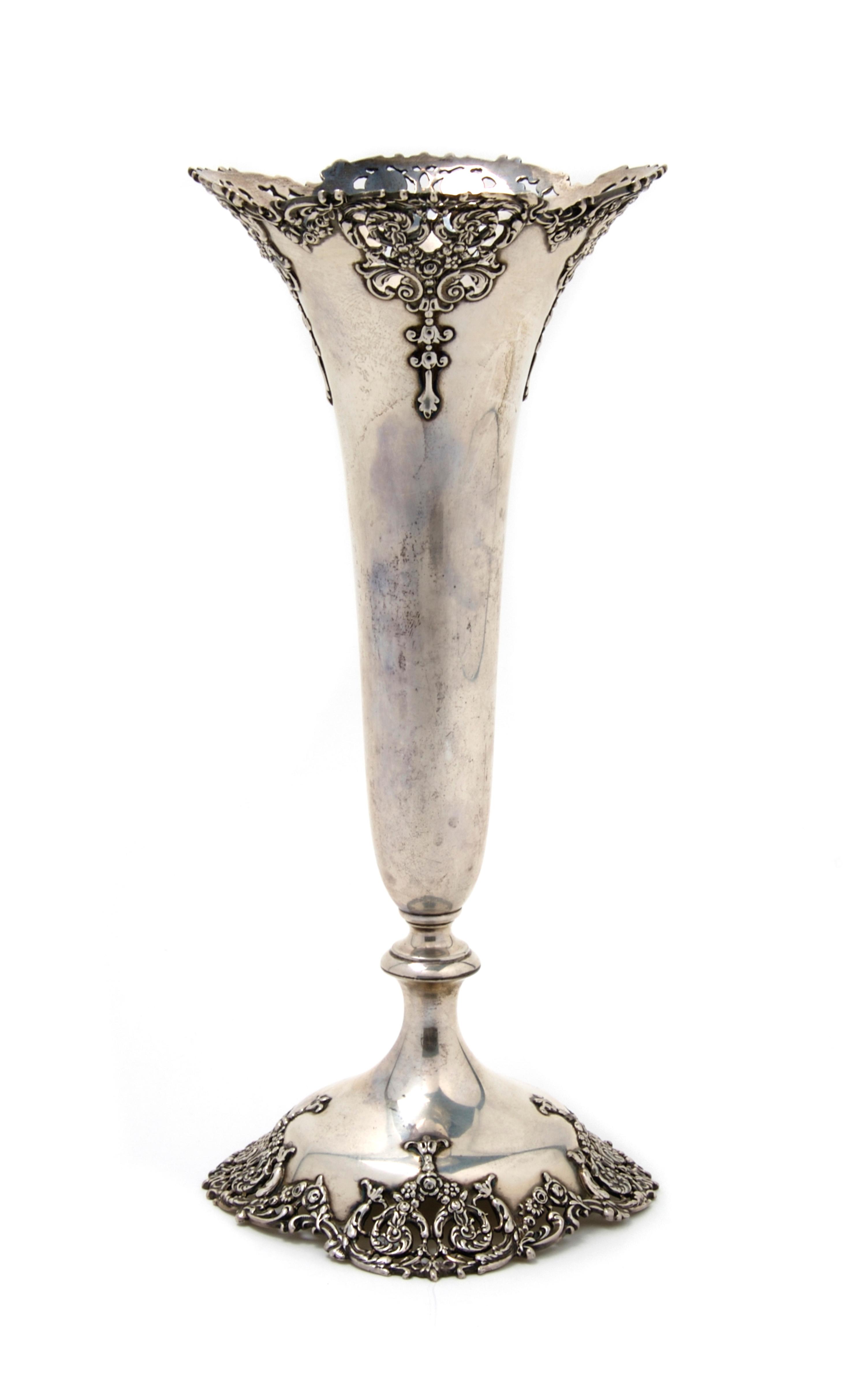 An American Sterling Silver Trumpet Vase, Black and Frost, Height 11 inches.