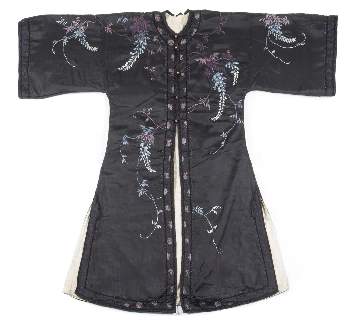 A Chinese Embroidered Silk Lady's Winter Coat Height collar to hem 52 inches.