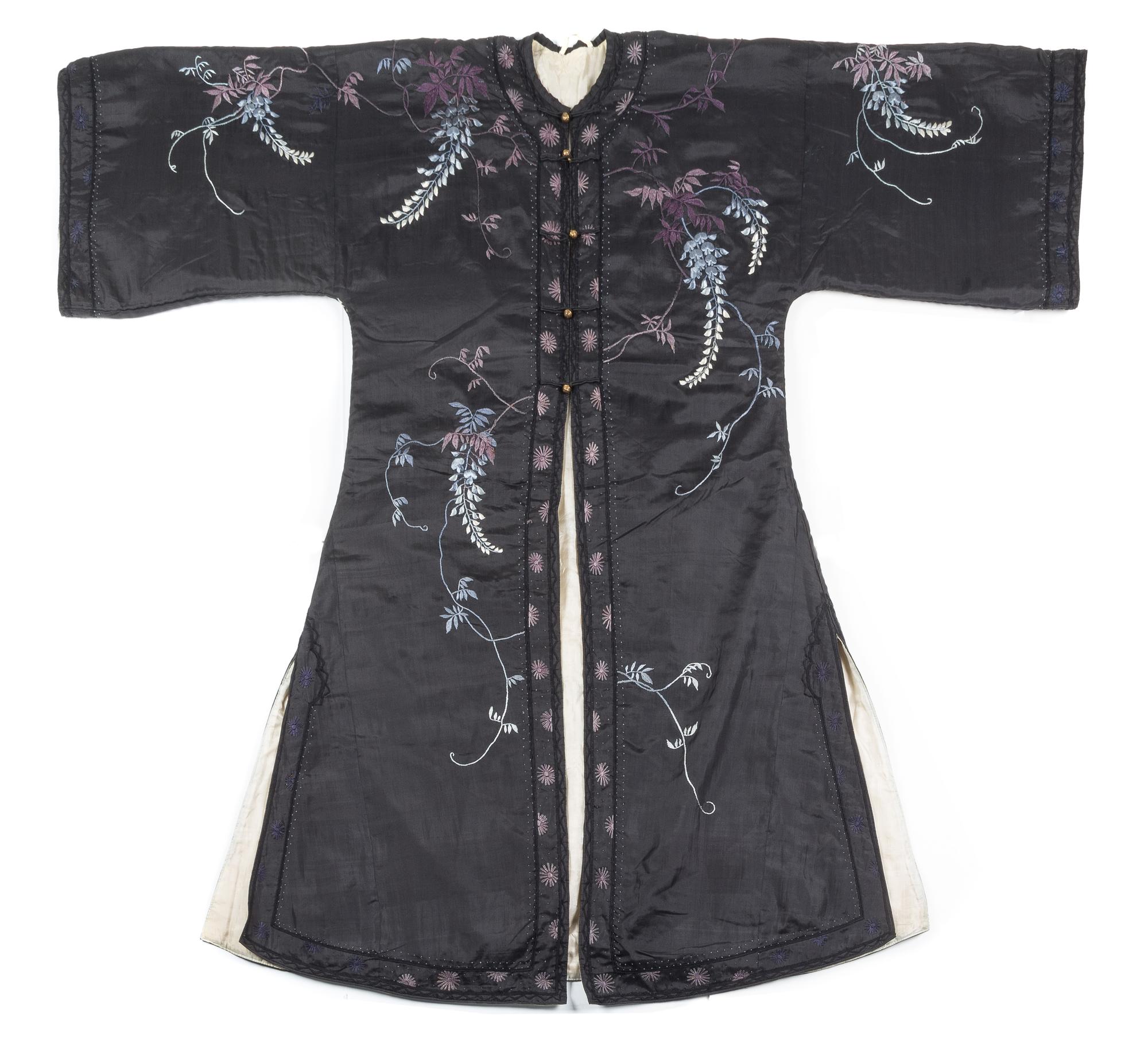 A Chinese Embroidered Silk Lady's Winter Coat Height collar to hem 52 inches.
