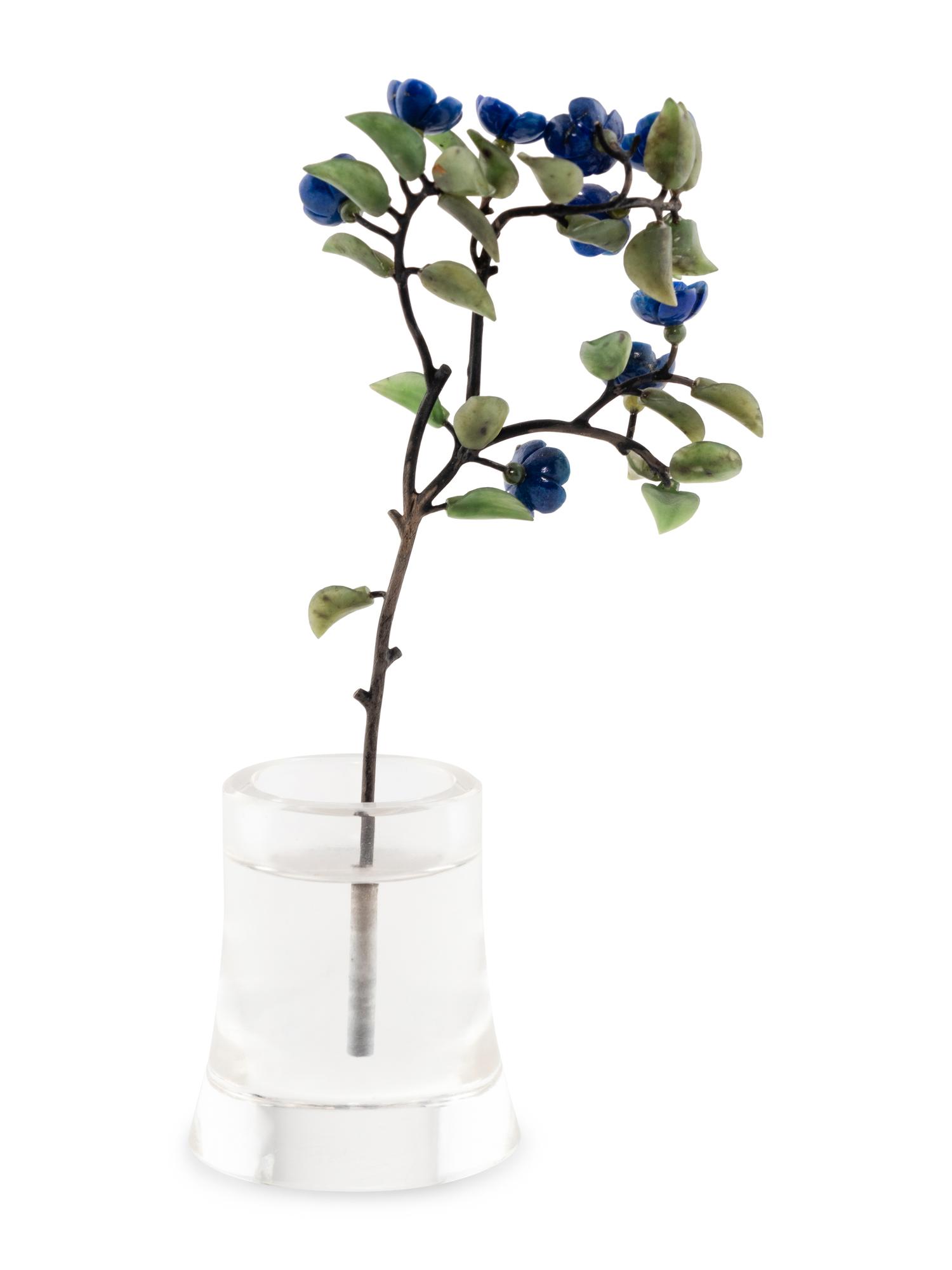 A Pearl Mounted Carved Rock Crystal, Lapis Lazuli and Silver Forget-me-not Flower Study