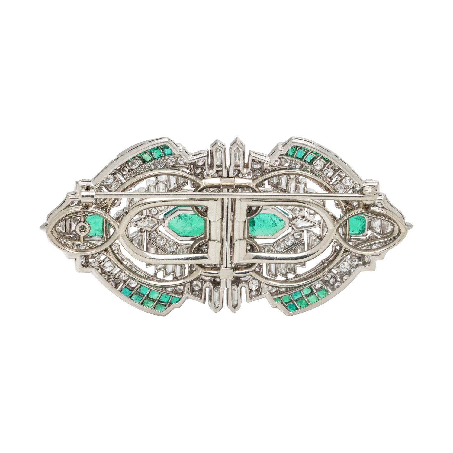 ART DECO, EMERALD AND DIAMOND DOUBLE CLIP BROOCH