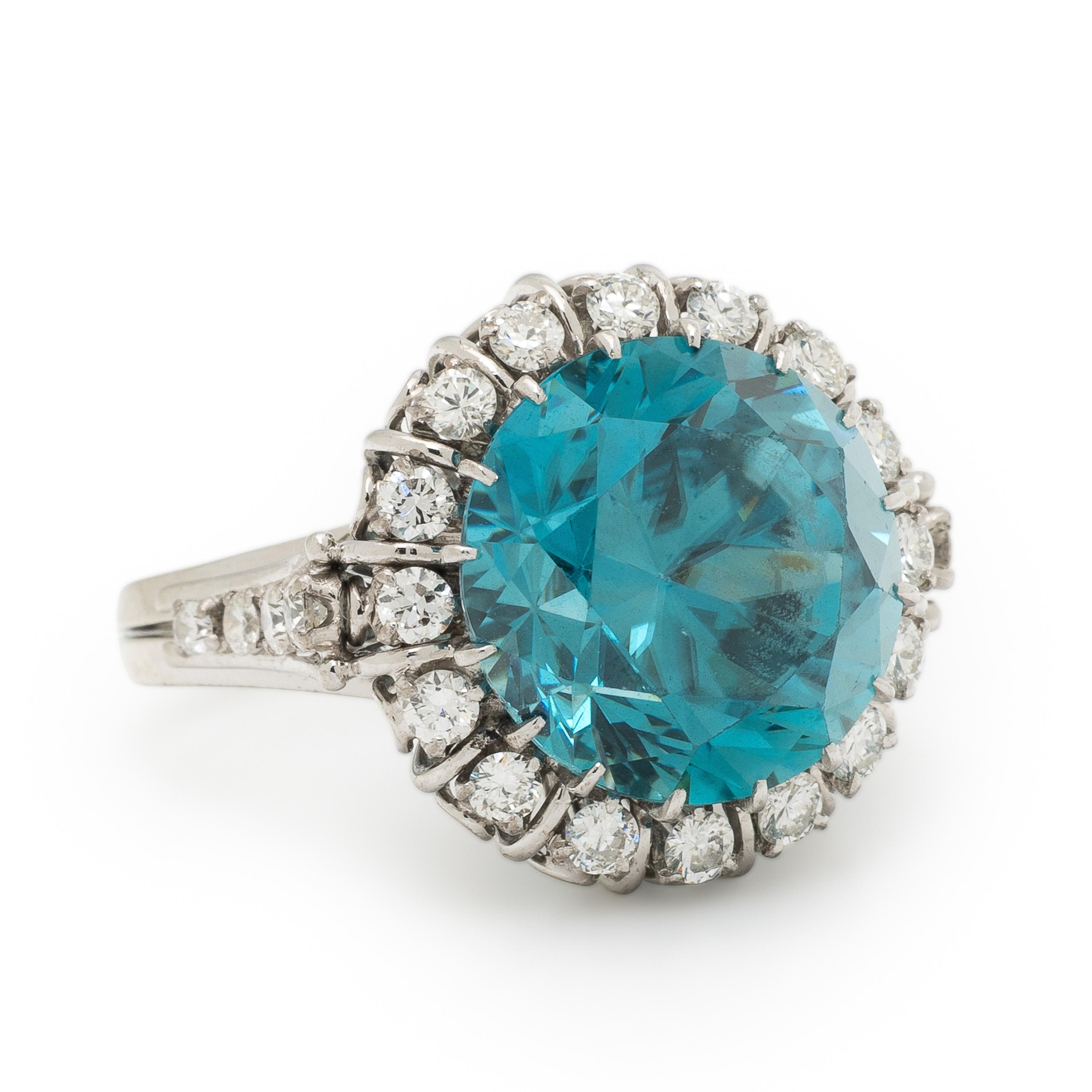 Blue Zircon, Diamond, and White Gold Ring