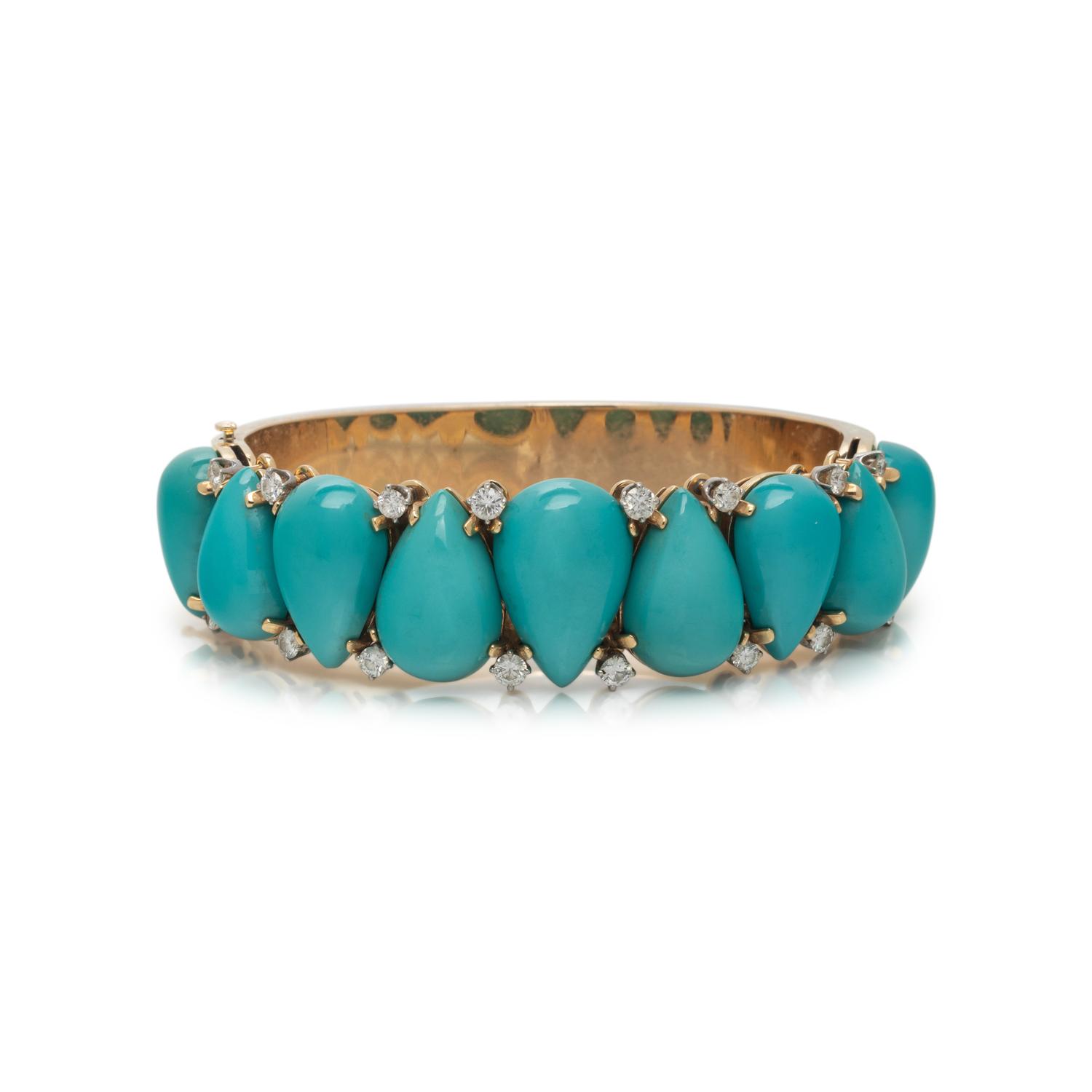 LAYKIN ET CIE, YELLOW GOLD, TURQUOISE AND DIAMOND BANGLE BRACELET