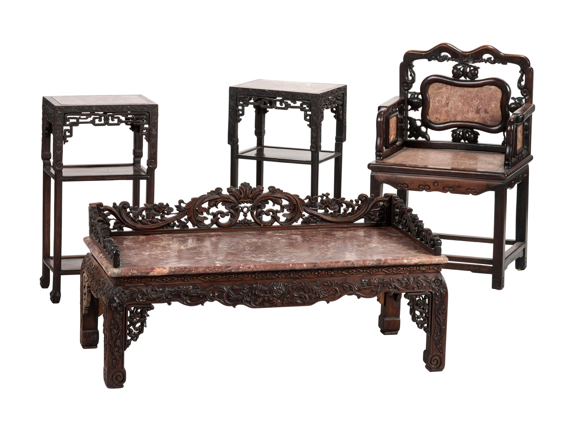 A Chinese Carved Hardwood Four-Piece Furniture Suite