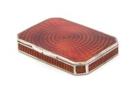 A Continental Enameled Silver Snuff Box, Maker's Mark FS, of rectangular form with canted corners, the case worked with guilloche ename