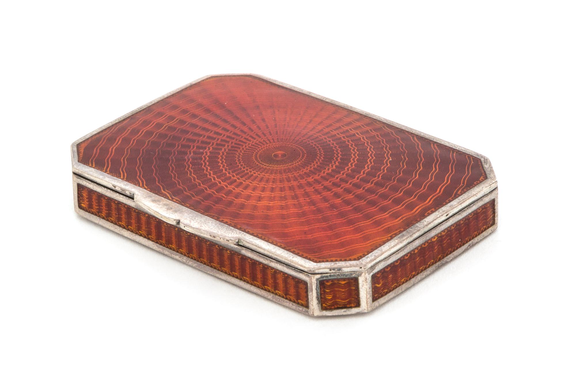 A Continental Enameled Silver Snuff Box, Maker's Mark FS, of rectangular form with canted corners, the case worked with guilloche ename