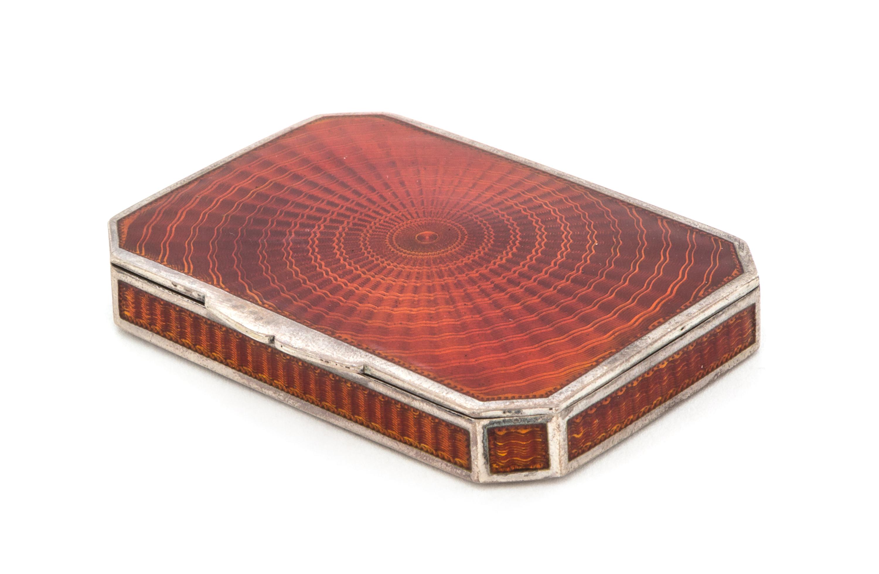 A Continental Enameled Silver Snuff Box, Maker's Mark FS, of rectangular form with canted corners, the case worked with guilloche ename