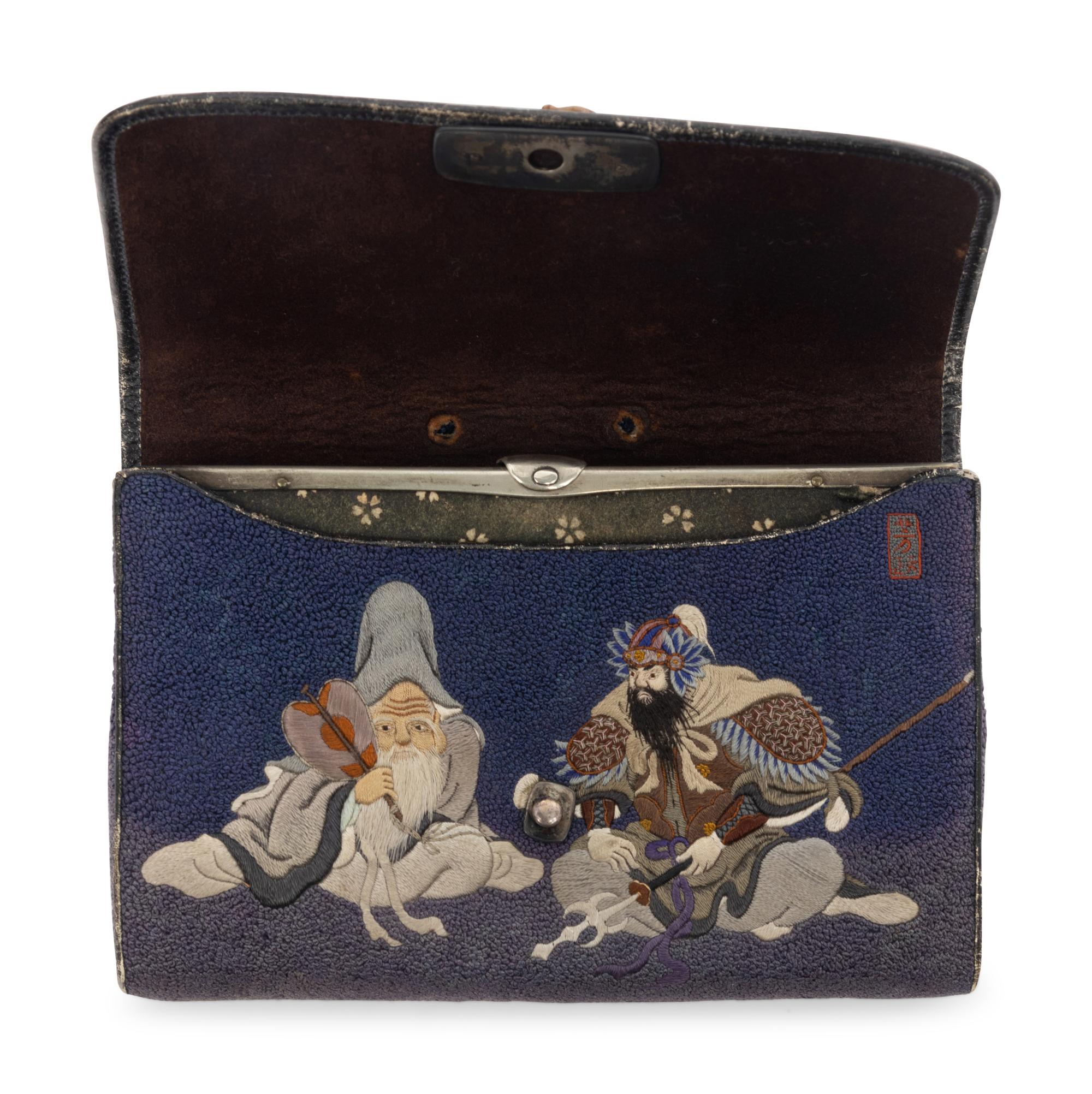 Three Japanese Painted Leather Tobacco Purses