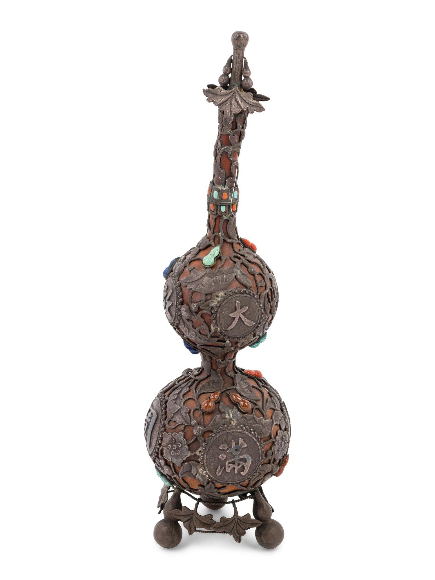 A Chinese Metal and Hardstone Inlaid Double Gourd