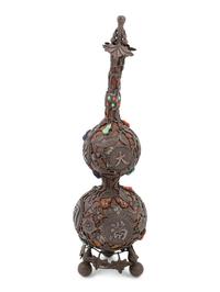A Chinese Metal and Hardstone Inlaid Double Gourd