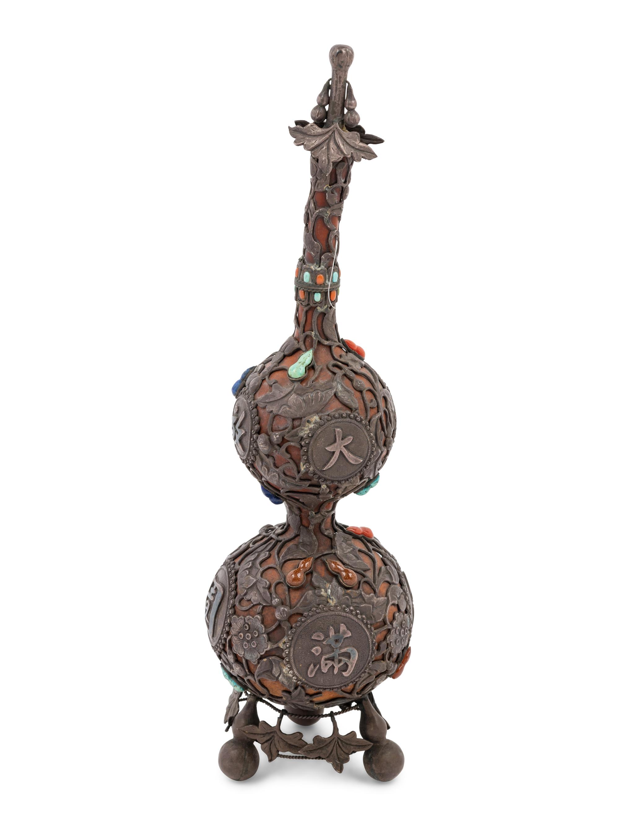 A Chinese Metal and Hardstone Inlaid Double Gourd