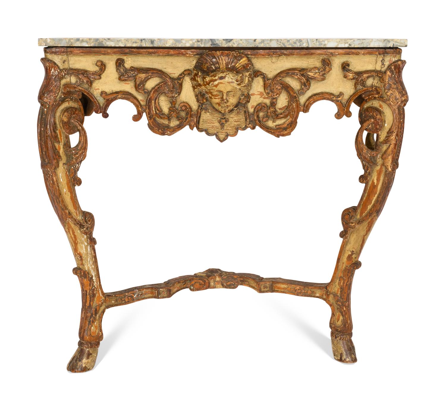 A Régence Painted and Parcel Gilt Marble-Top Console Table