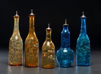 Five Paint and Enamel Decorated Glass Barber Bottles