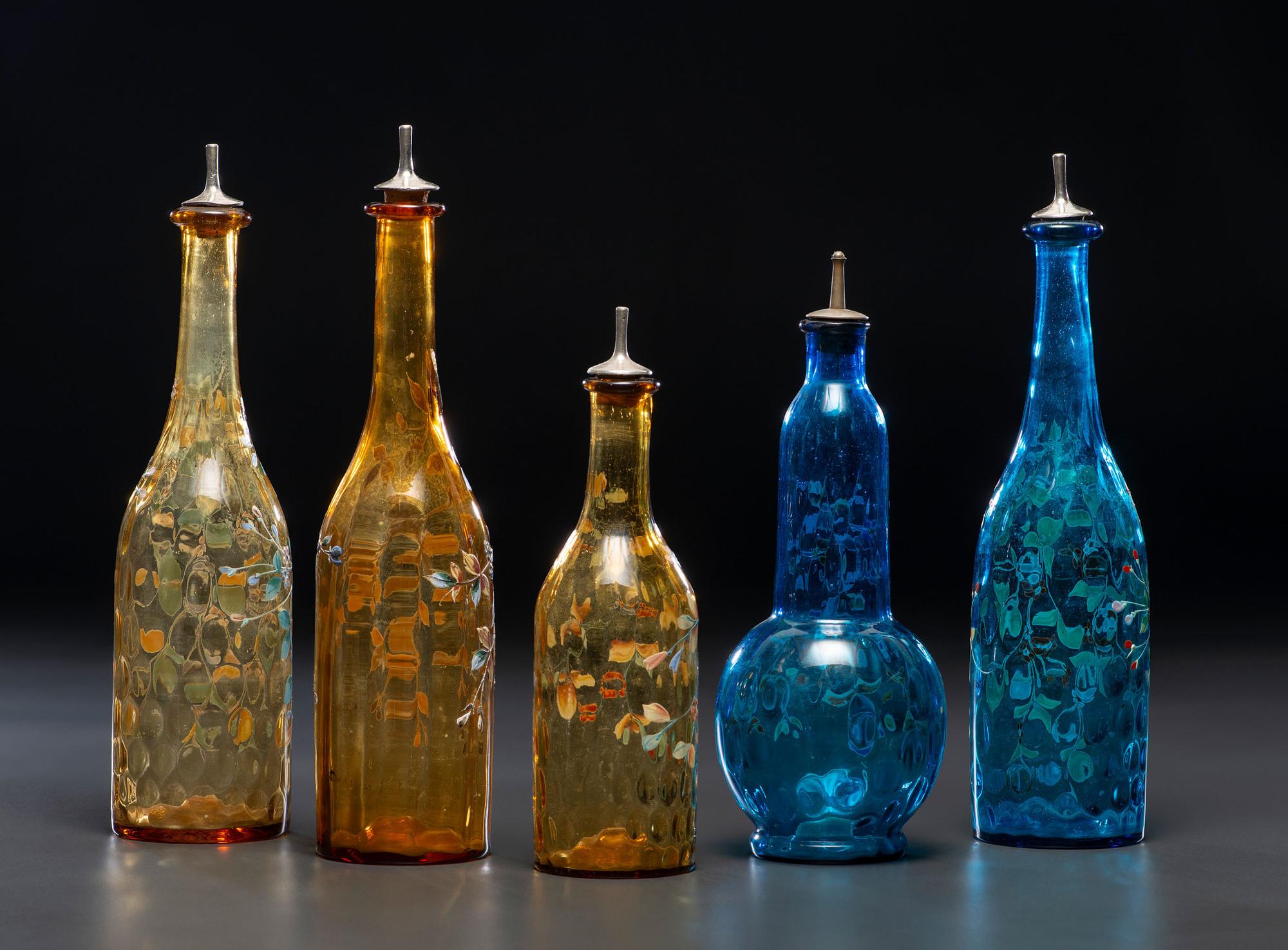 Five Paint and Enamel Decorated Glass Barber Bottles