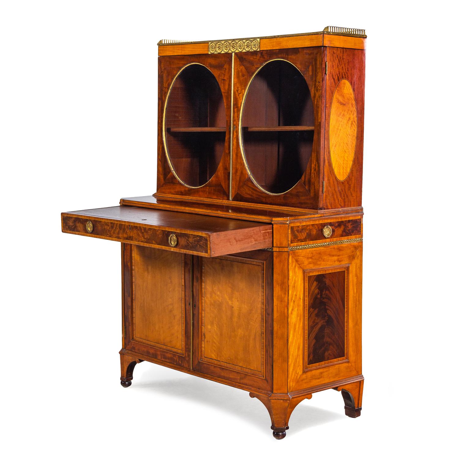A George III Gilt Bronze Mounted Satinwood, Tulipwood and Mahogany Ladies' Writing Cabinet