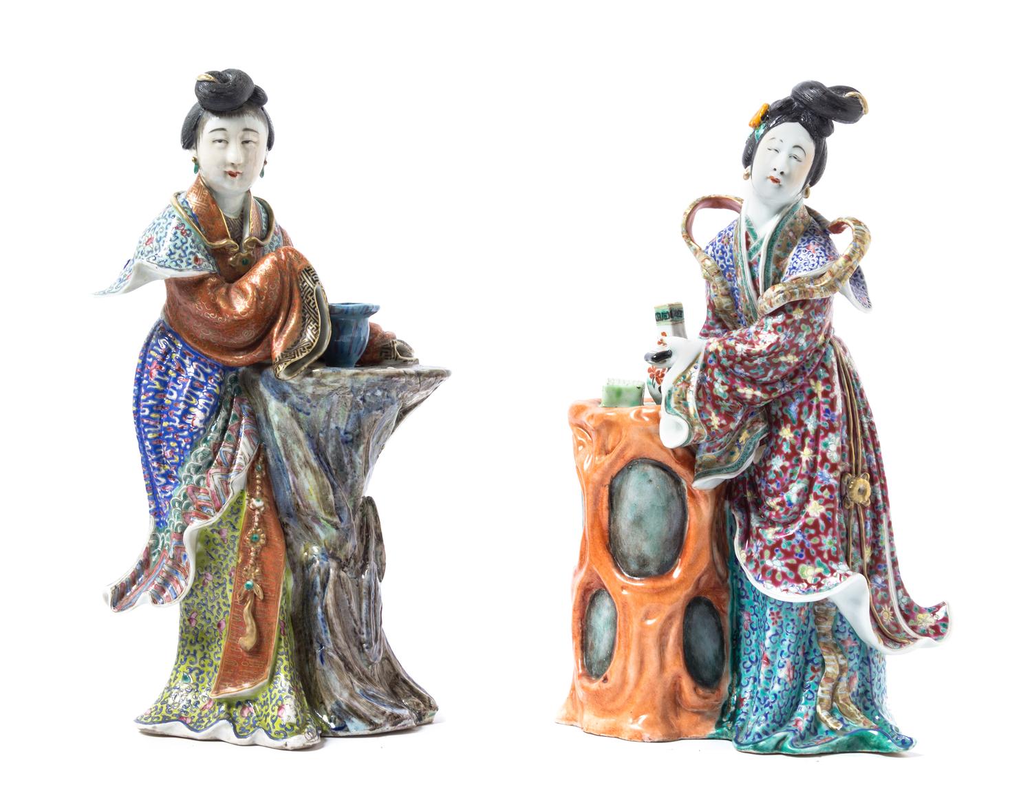 Two Chinese Export Famille Rose Porcelain Figures of Meirens LATE 19TH/EARLY 20TH CENTURY Height of taller 12 inches. — LATE 19TH/EARLY 20TH CENTURY