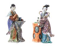 Two Chinese Export Famille Rose Porcelain Figures of Meirens LATE 19TH/EARLY 20TH CENTURY Height of taller 12 inches. — LATE 19TH/EARLY 20TH CENTURY