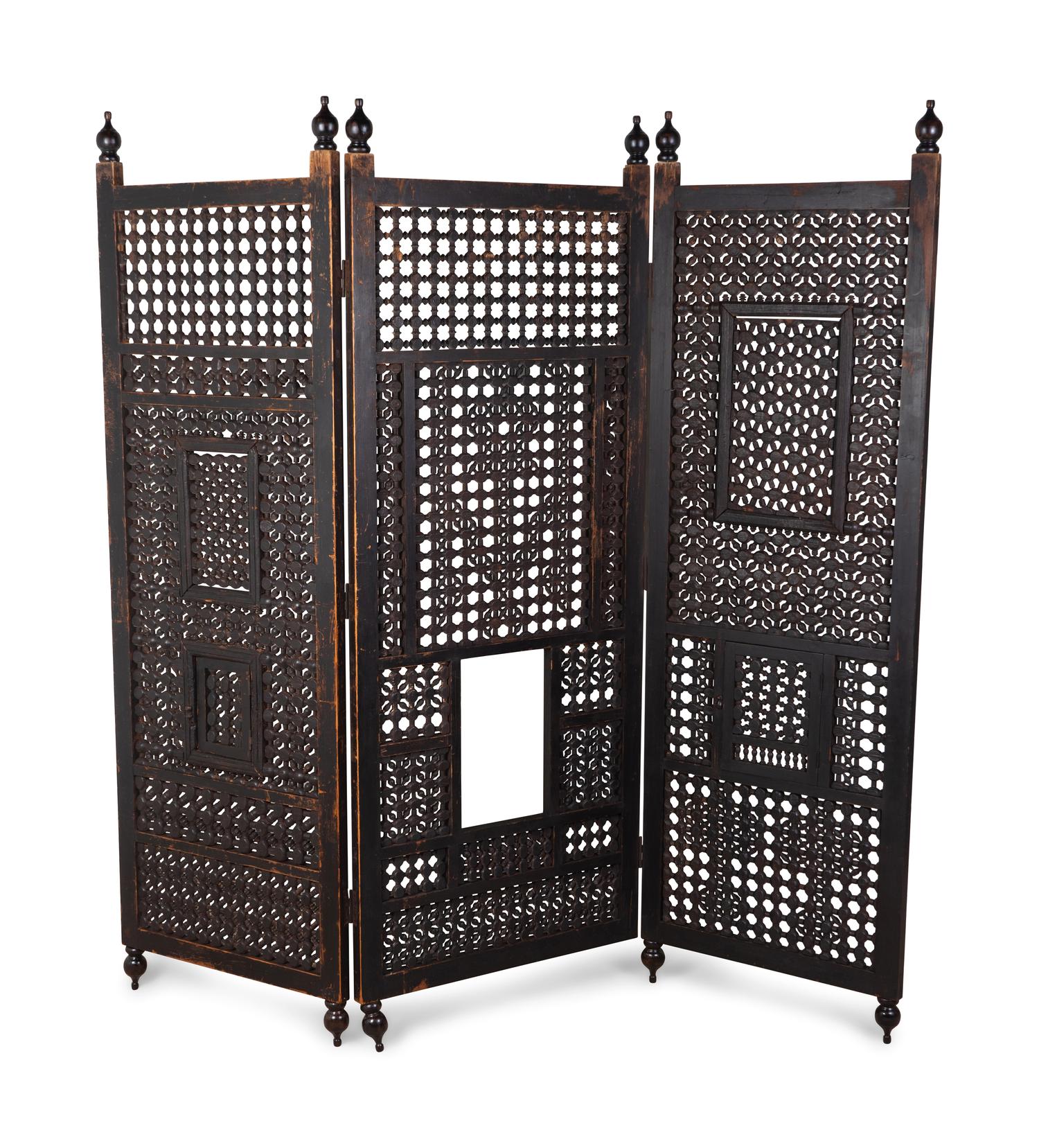 An Indian Pierced Carved Teak Three-Panel Floor Screen — 20TH CENTURY
