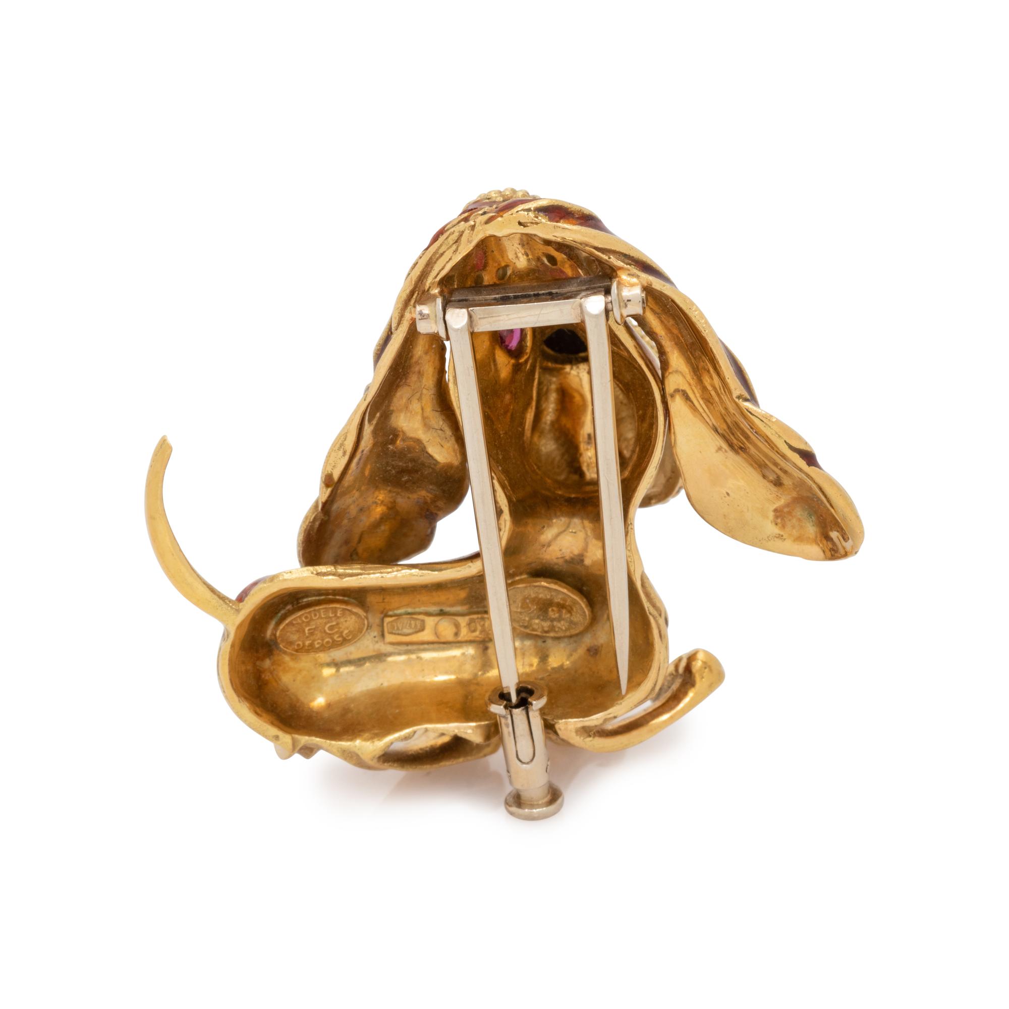 YELLOW GOLD, ENAMEL, DIAMOND AND GEMSTONE BASSET HOUND BROOCH