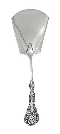 A George V Silver Scoop, Omar Ramsden, London, 1923, having a trapezoidal bowl and a pine cone decorated handle.