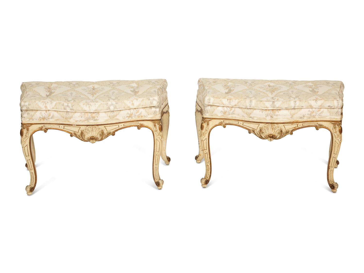 A Pair of Louis XV Style White Painted Parcel Gilt Taborets