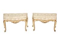 A Pair of Louis XV Style White Painted Parcel Gilt Taborets