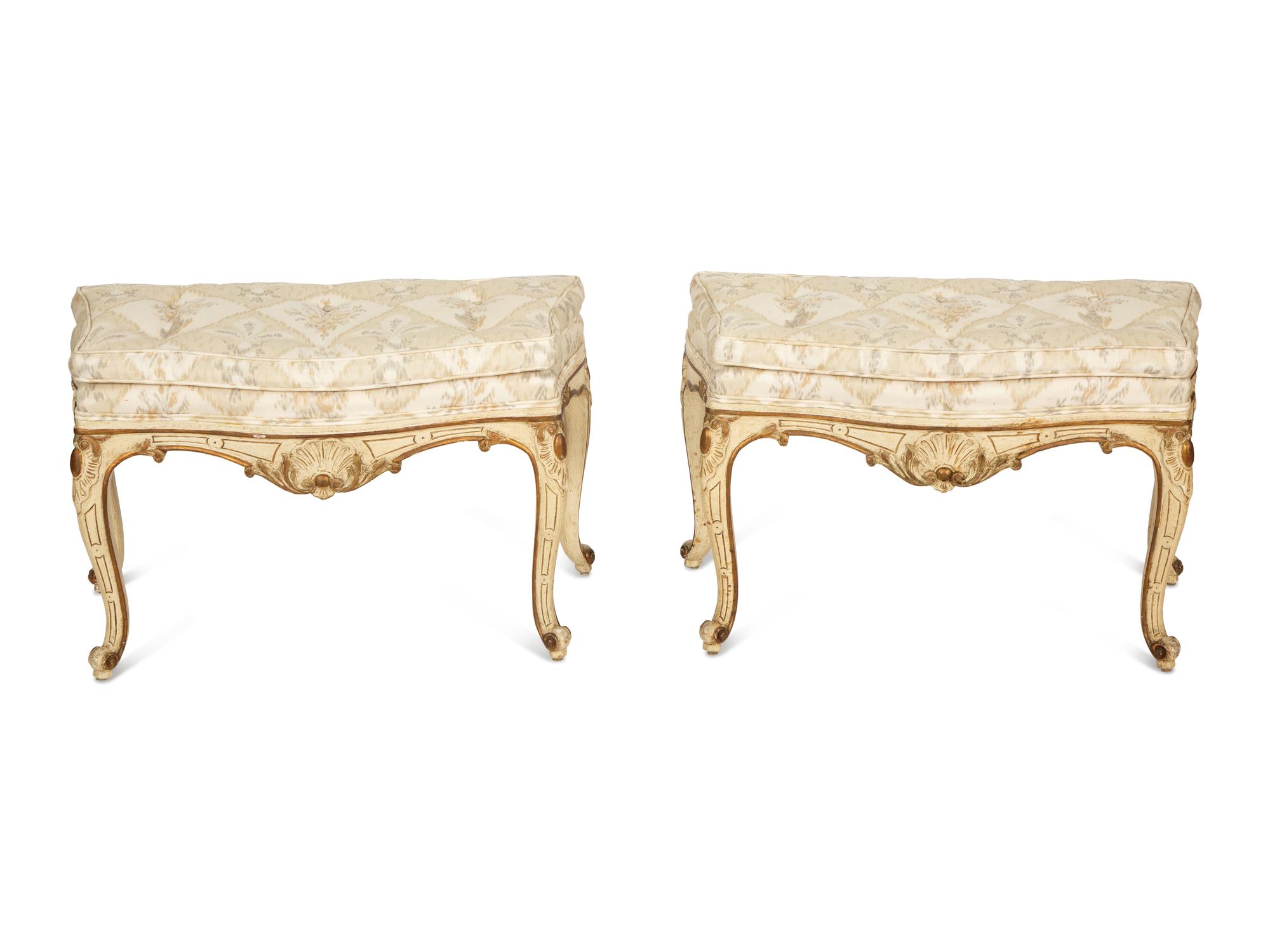 A Pair of Louis XV Style White Painted Parcel Gilt Taborets