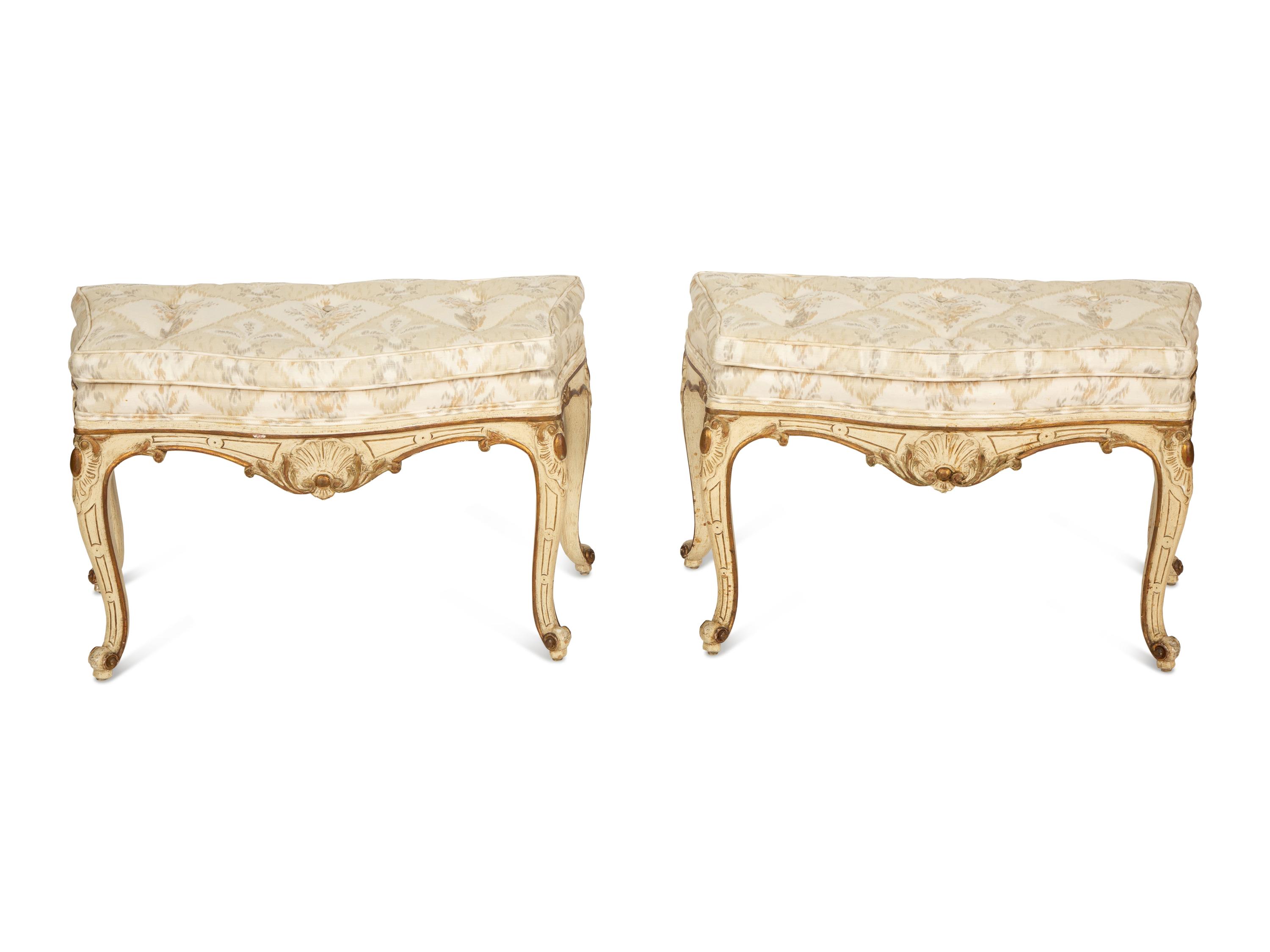 A Pair of Louis XV Style White Painted Parcel Gilt Taborets