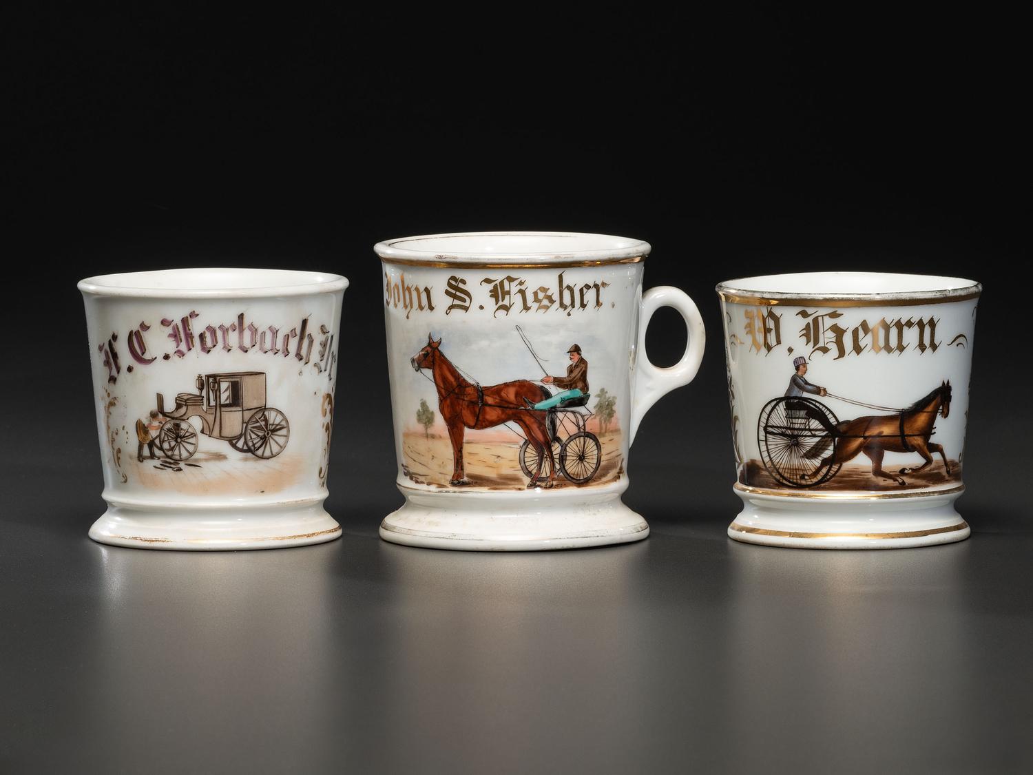 Three Porcelain Occupational Shaving Mugs of Equine Interest
