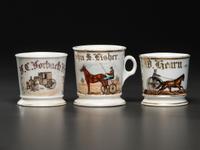 Three Porcelain Occupational Shaving Mugs of Equine Interest