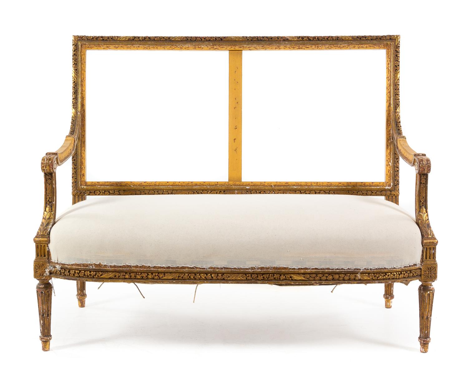 A Louis XVI Style Giltwood Canape Height 38 1/2 x width 50 1/2 x depth 24 1/2 inches. — 19TH CENTURY