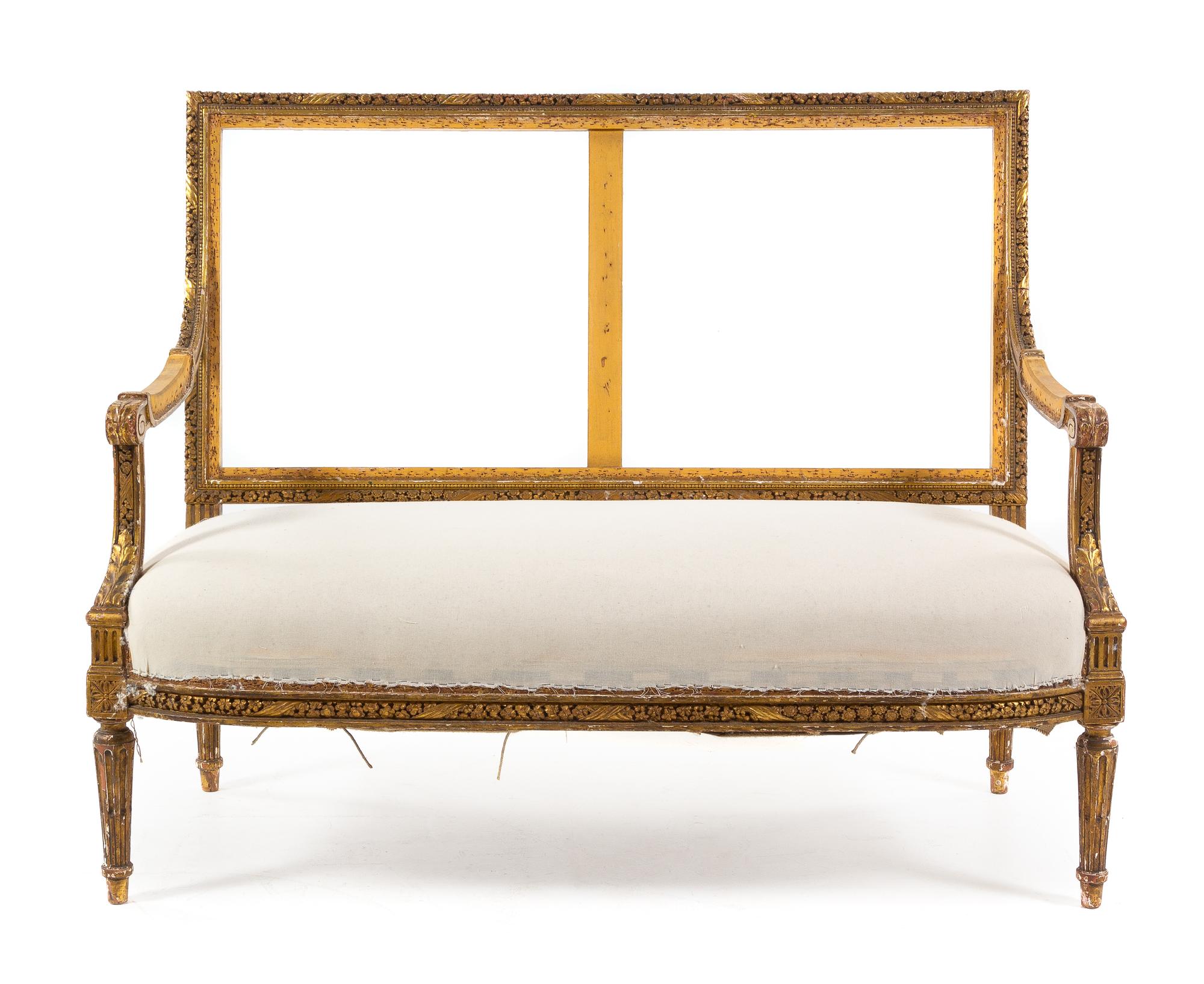 A Louis XVI Style Giltwood Canape Height 38 1/2 x width 50 1/2 x depth 24 1/2 inches. — 19TH CENTURY